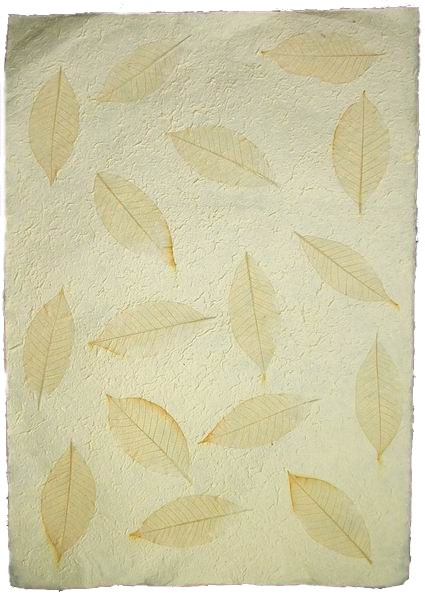 Handmade Mulberry Paper<br>with natural rubber tree leaves ochre on pale yellow paper