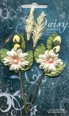 Set of flowers on leaves and sprigs in pastel colours, cream