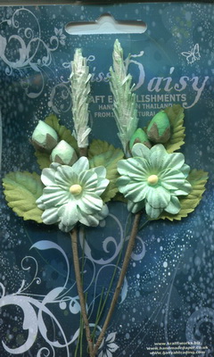 Set of flowers on leaves and sprigs in pastel colours, green