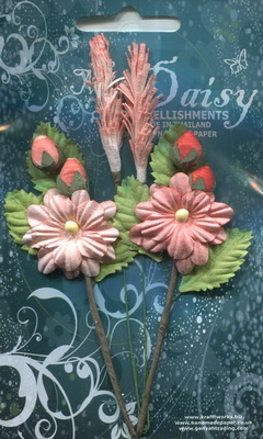 Set of flowers on leaves and sprigs in pastel colours, peach
