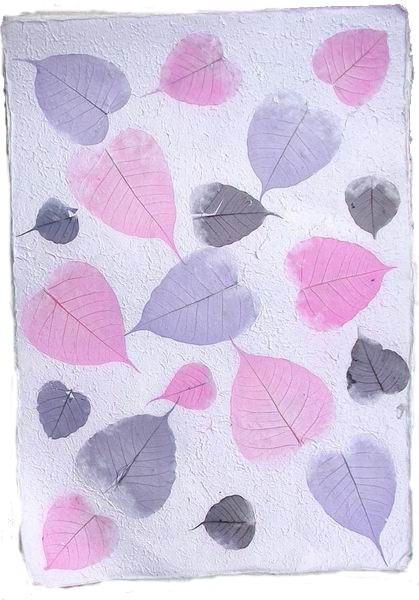 Handmade Mulberry Paper<br>with natural bayan leaves  violet and pink on lavender paper