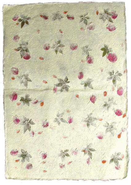Handmade Mulberry Paper <br>pale yellow with natural ivy leaves and bougainvillea